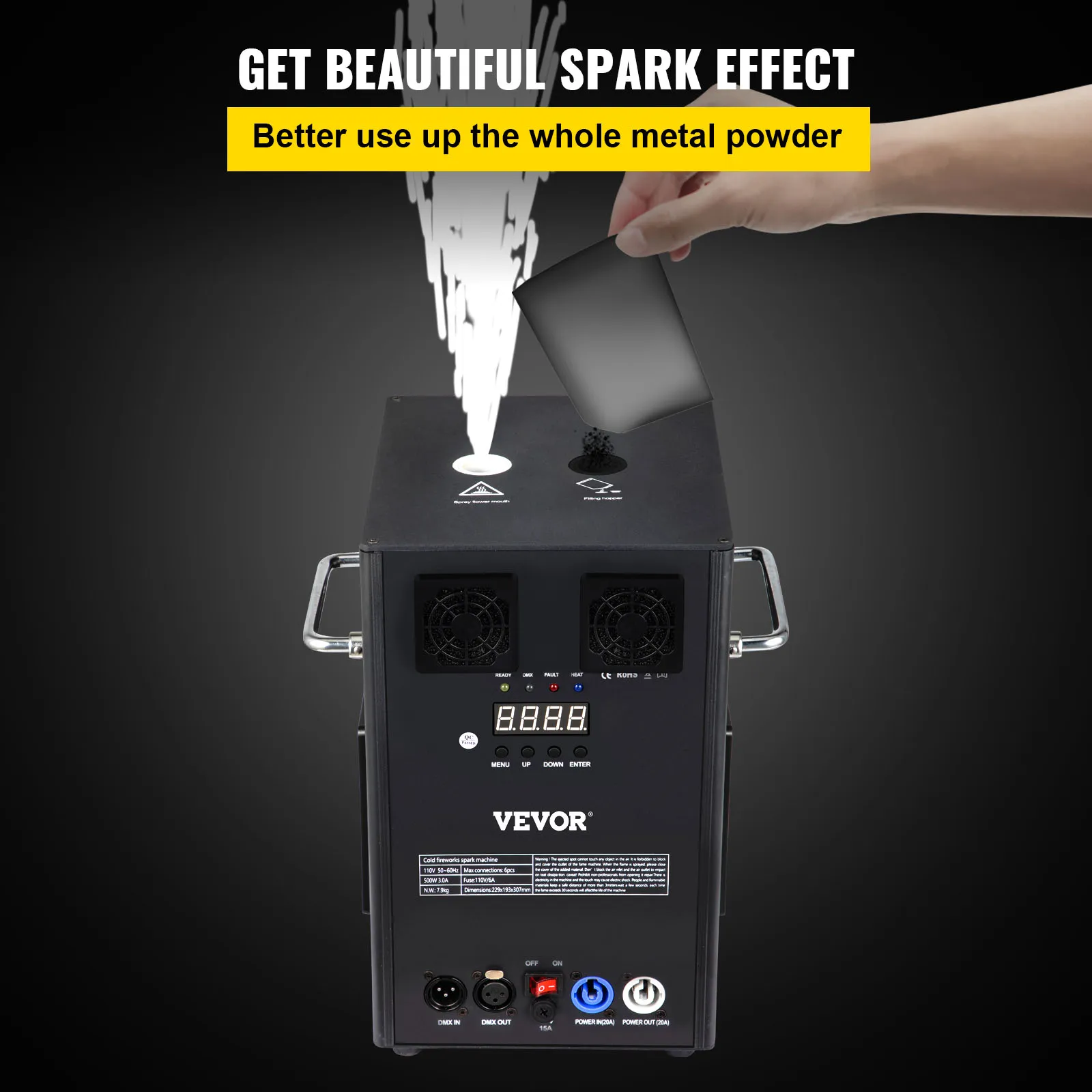VEVOR stage lighting effect machine producing a beautiful spark effect from metal powder.