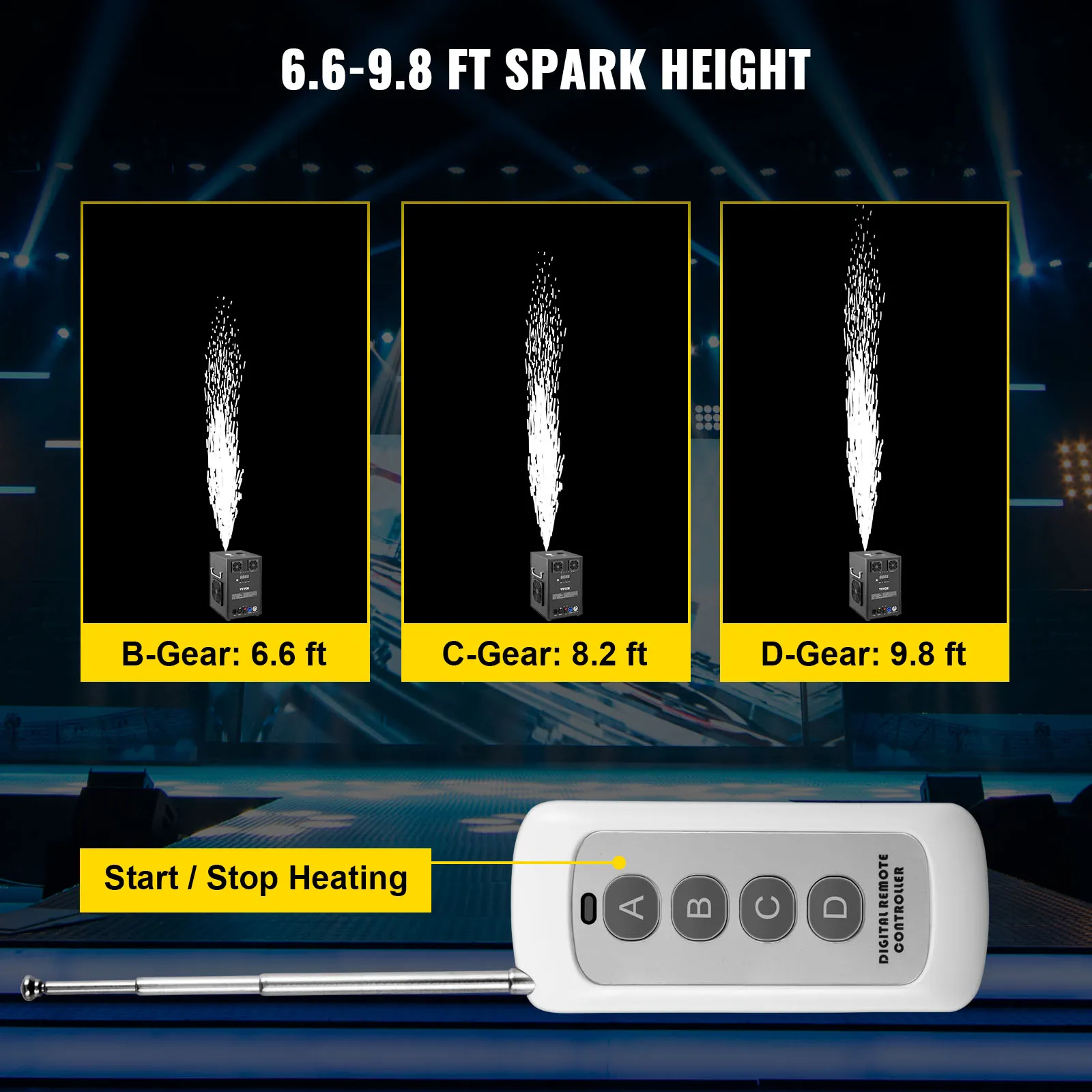 VEVOR stage lighting effect machine with 6.6-9.8 ft spark height and remote control.