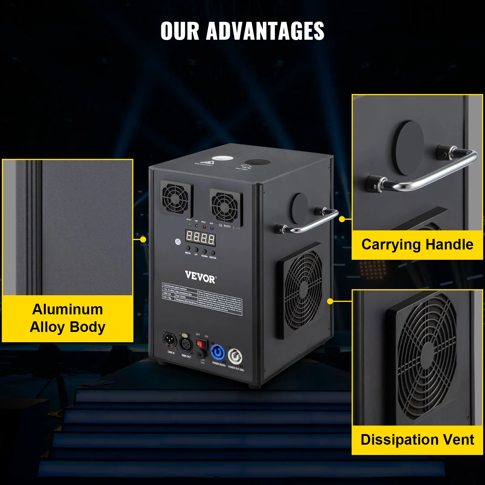 VEVOR stage lighting effect machine with aluminum alloy body, handle, and dissipation vent.