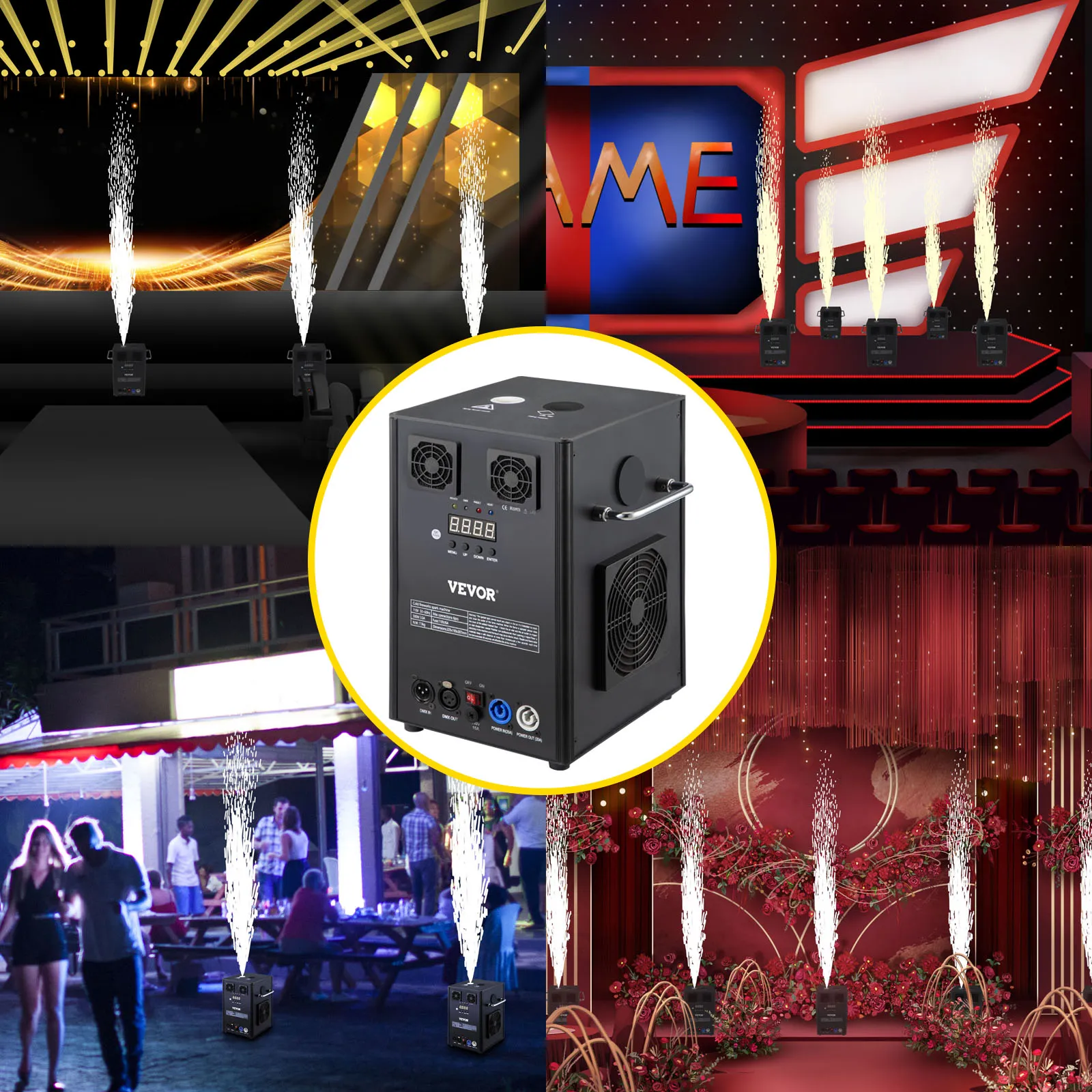 VEVOR stage lighting effect machine displaying dynamic pyrotechnic effects on various stages.