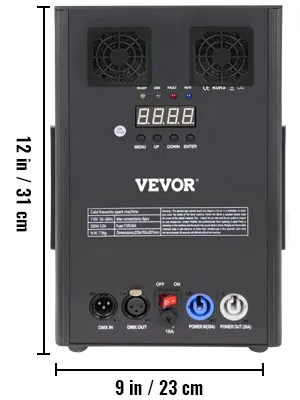 Máquina de efectos de escenario VEVOR, 12 pulgadas de alto, 9 pulgadas de ancho, con conexiones de alimentación y DMX.