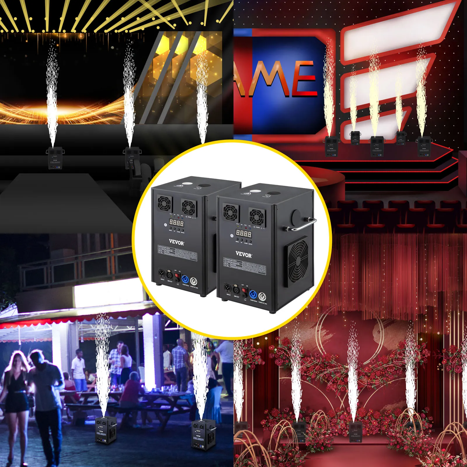 Máquina de efectos de escenario VEVOR que muestra varias configuraciones de escenarios y eventos con efectos pirotécnicos.