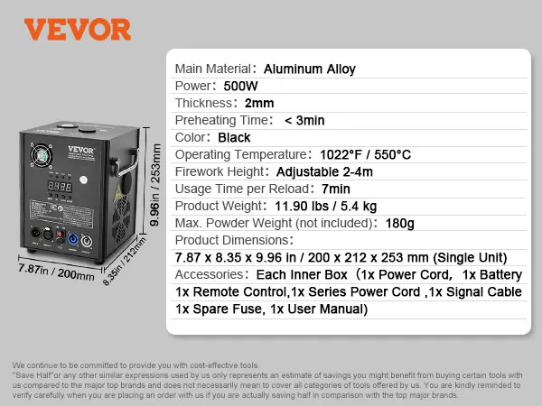 VEVOR koudvonkmachine, 500 W vermogen, zwarte aluminiumlegering, verstelbare vuurwerkhoogte van 2-4 m.