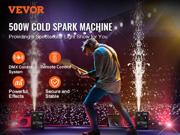 VEVOR koudvonkmachine creëert een spectaculaire lichtshow op het podium met gitarist en sprankelende effecten.