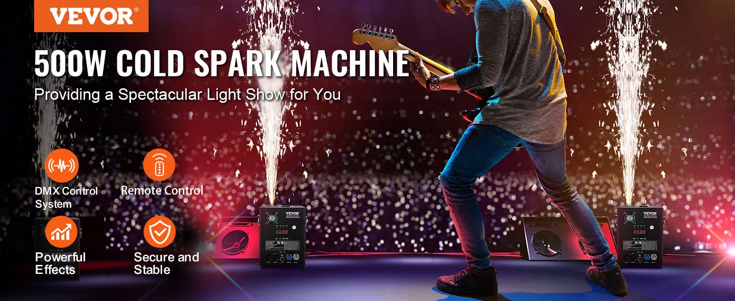 VEVOR koudvonkmachine creëert een spectaculaire lichtshow op het podium met gitarist en sprankelende effecten.
