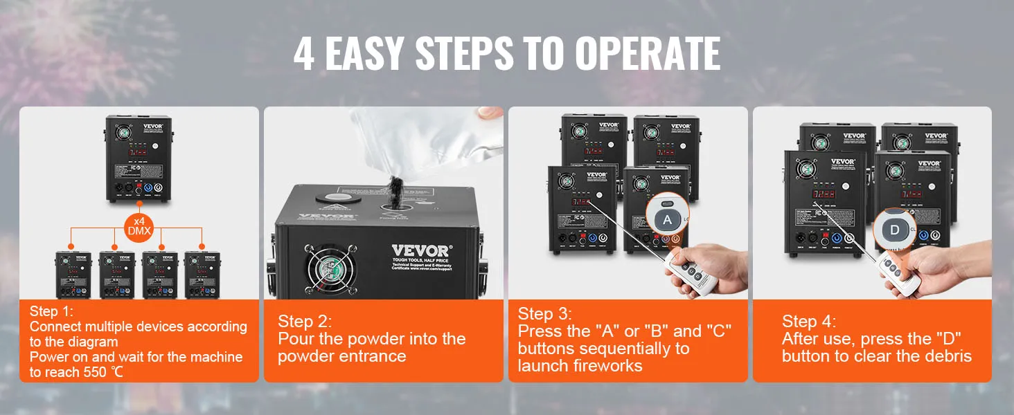 4 easy steps to operate the VEVOR spark firework machine: connect, fill powder, launch, clear debris.