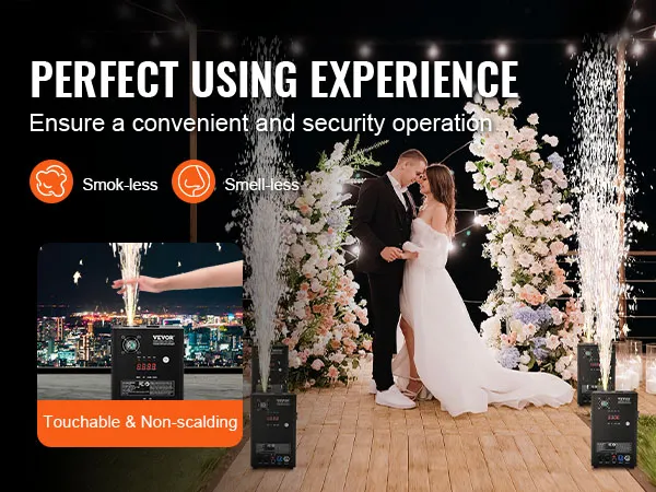 VEVOR Kaltfunken-Feuerwerksmaschine bei einer eleganten Hochzeit, rauchfrei und sicher für Indoor-Events.