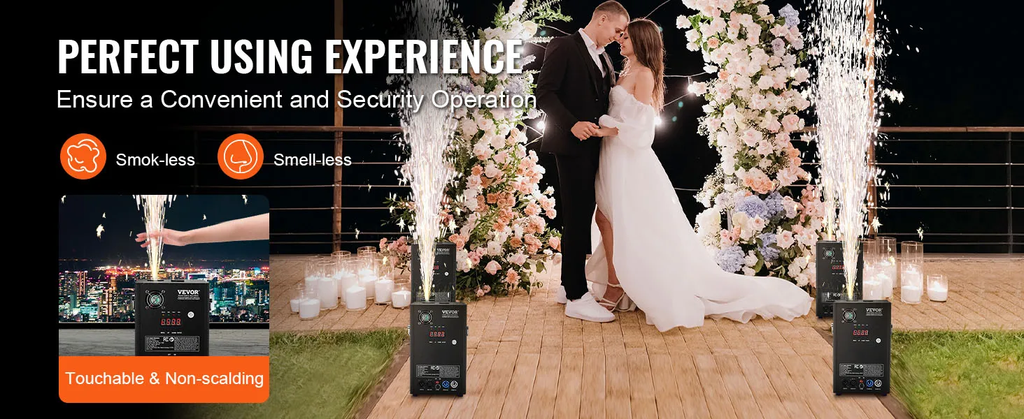 VEVOR Kaltfunken-Feuerwerksmaschine bei einer eleganten Hochzeit, rauchfrei und sicher für Indoor-Events.