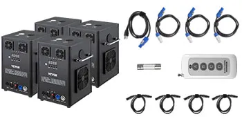 Máquina de efectos de iluminación de escenario VEVOR con control remoto, cables y panel de control.