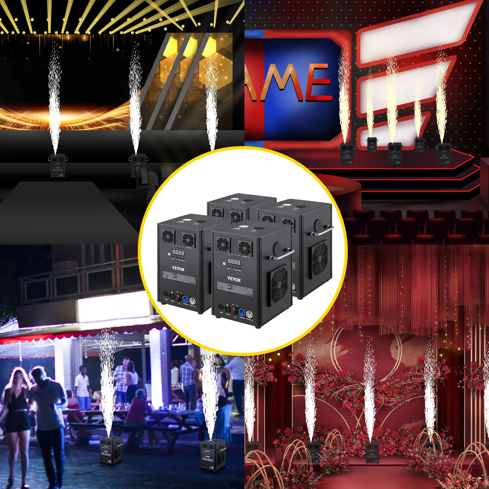 La máquina de efectos de iluminación de escenario VEVOR muestra efectos de iluminación dinámicos en varios eventos.