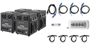 Máquina de efectos de escenario VEVOR con control remoto y múltiples cables de conexión.