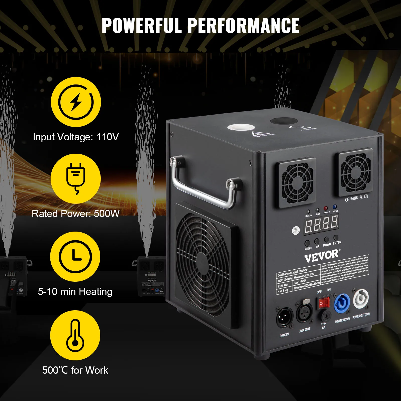 Máquina de efectos de escenario VEVOR: potencia de 500 W, entrada de 110 V, se calienta en 5-10 minutos, temperatura de trabajo de 500 ° C.