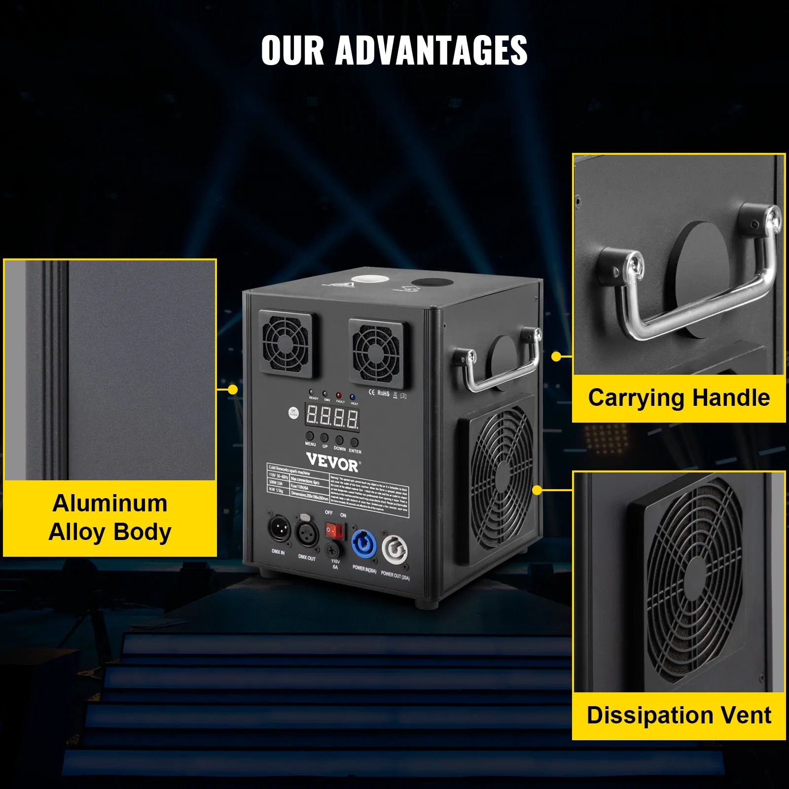 Máquina de efectos de escenario VEVOR con cuerpo de aleación de aluminio, asa de transporte y ventilación de disipación.