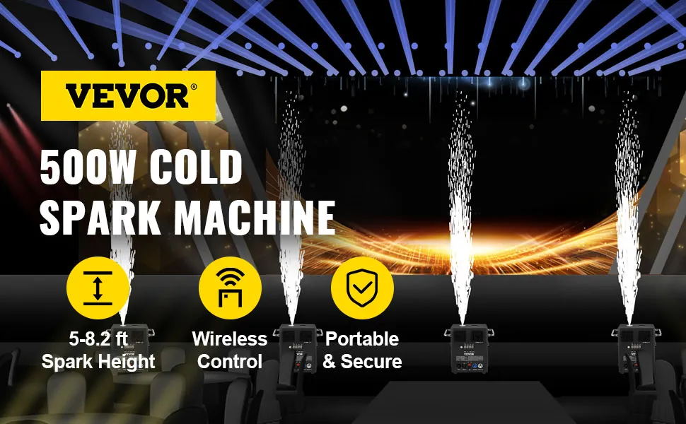 Máquina de efectos de iluminación de escenario VEVOR con chispa fría de 500 W, control inalámbrico y portabilidad.