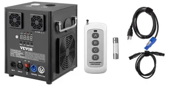 Máquina de efectos de iluminación de escenario VEVOR con cables de alimentación y control remoto.