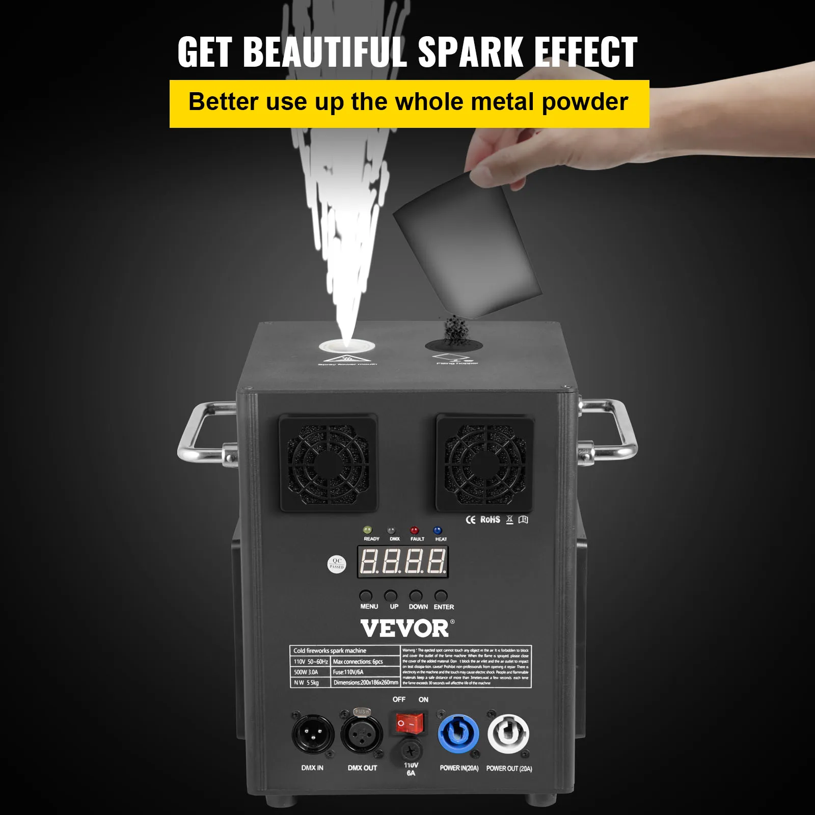 Máquina de efectos de iluminación de escenario VEVOR que demuestra un efecto de chispa con polvo metálico.