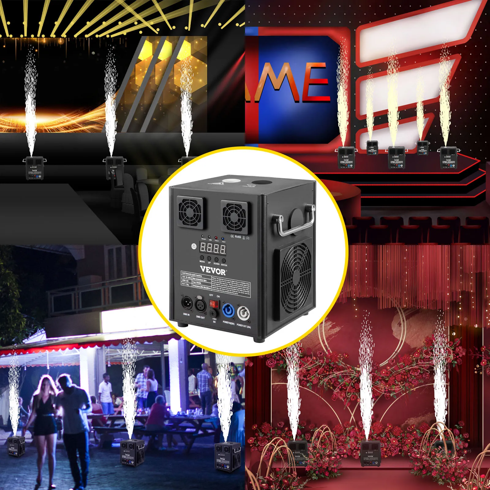 Máquina de efectos de iluminación de escenario VEVOR que crea espectáculos de luces espectaculares para eventos y escenarios.