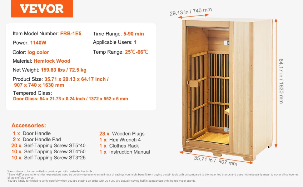 VEVOR infrared sauna, 1140w, hemlock wood, 5-90 min time range, fits 1 user, includes accessories.