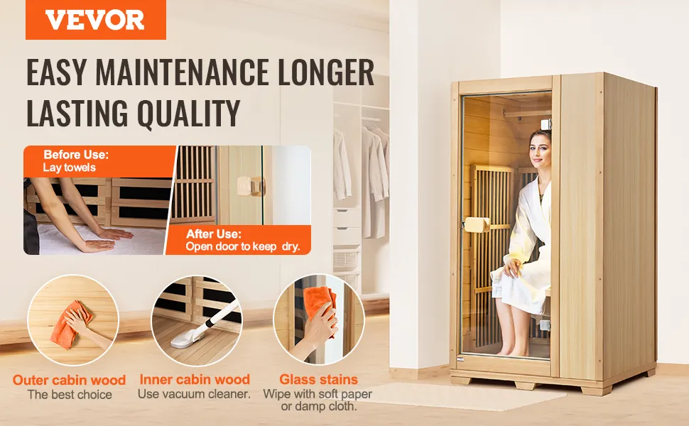 VEVOR infrared sauna with easy maintenance tips for long-lasting quality, featuring a wooden cabin.