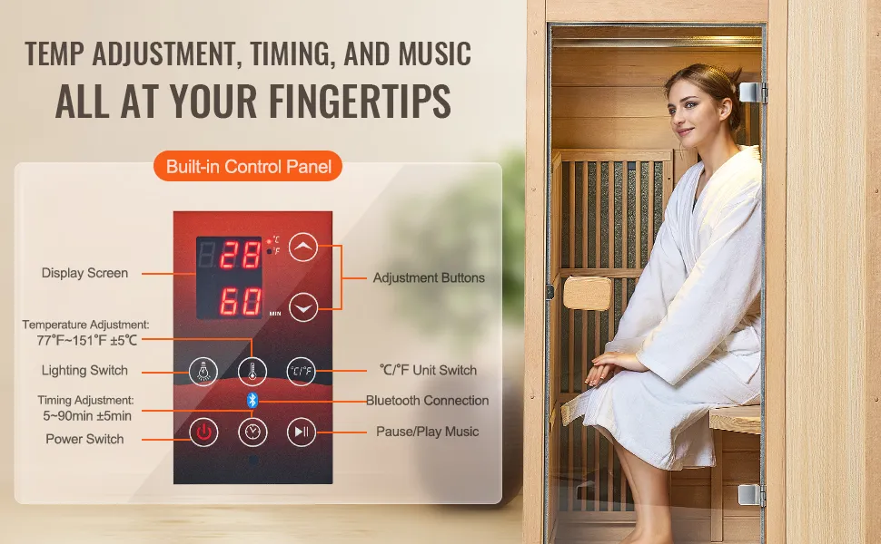 VEVOR infrared sauna control panel with temperature, timing, lighting, and music features, woman inside.