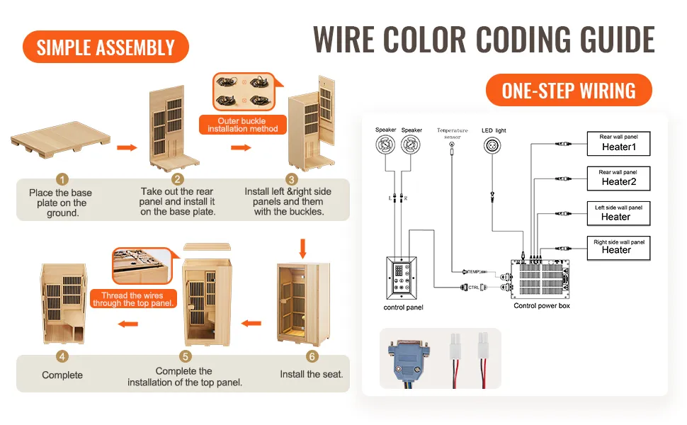 VEVOR infrared sauna assembly steps and wiring guide with color-coded diagrams. simple installation.