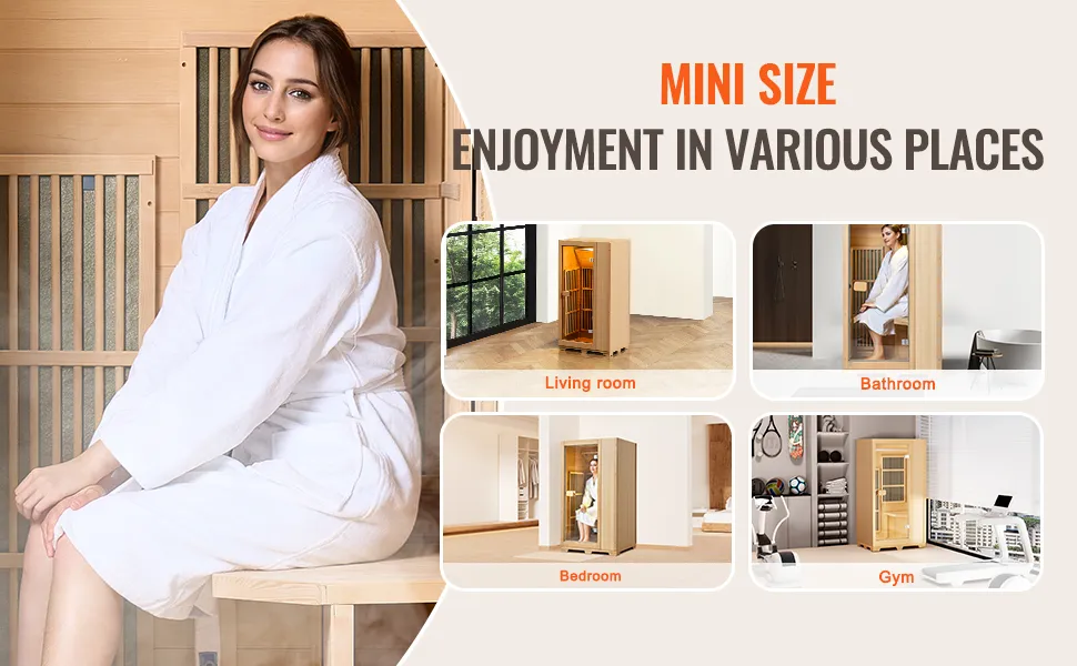 mini size VEVOR infrared sauna for living room, bathroom, bedroom, and gym enjoyment.