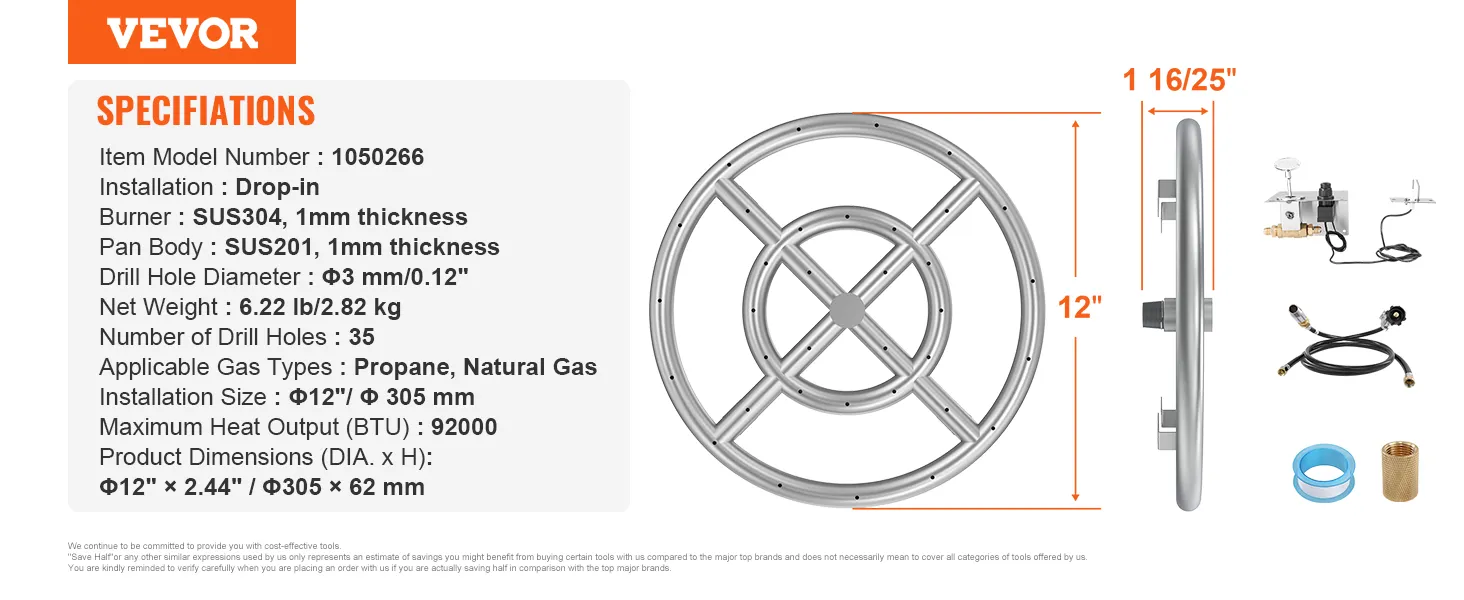 Піддон для вогню VEVOR, діаметр 12 дюймів, врівень з монтажем, пальник Sus304 1 мм, 35 ​​отворів для свердління.