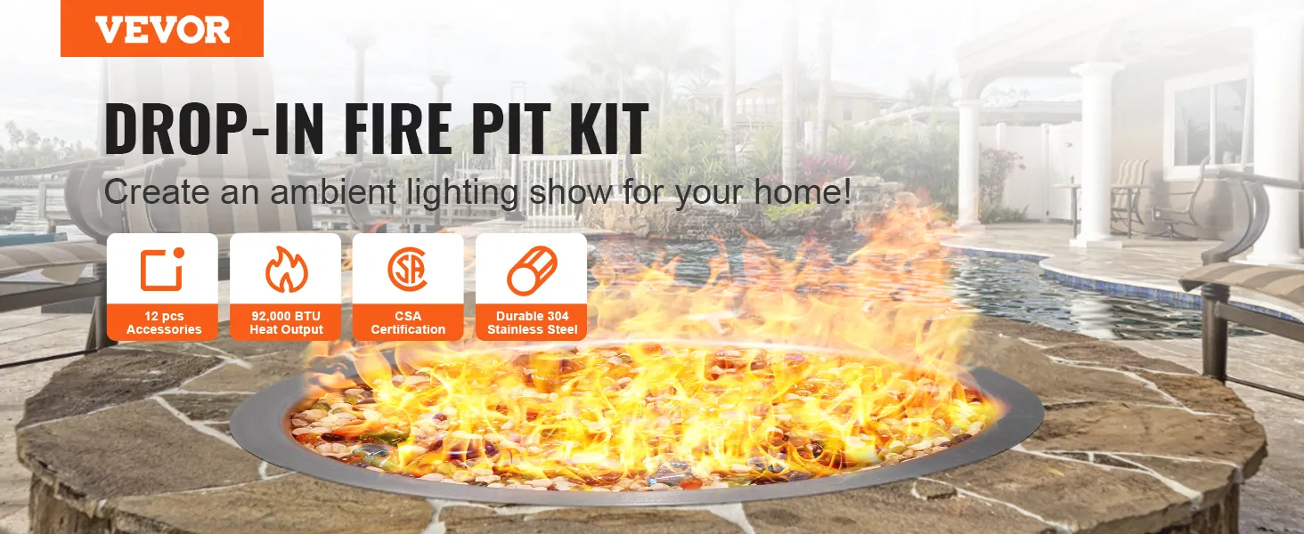 Вогнище VEVOR з вібруючим полум'ям, для патіо, потужність 92 000 BTU, міцна нержавіюча сталь 304.