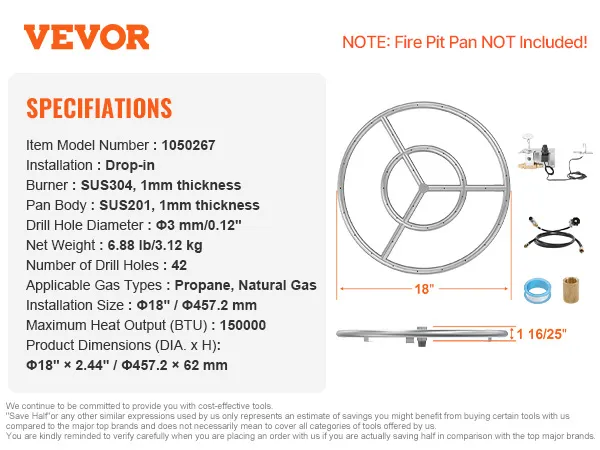 VEVOR fire pit pan specs: 18" diameter, sus304 burner, propane/natural gas, 150,000 btu.