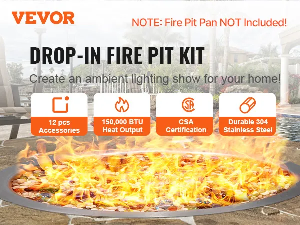 VEVOR fire pit pan with ambient lighting, 150,000 btu, and durable 304 stainless steel in a patio setting.