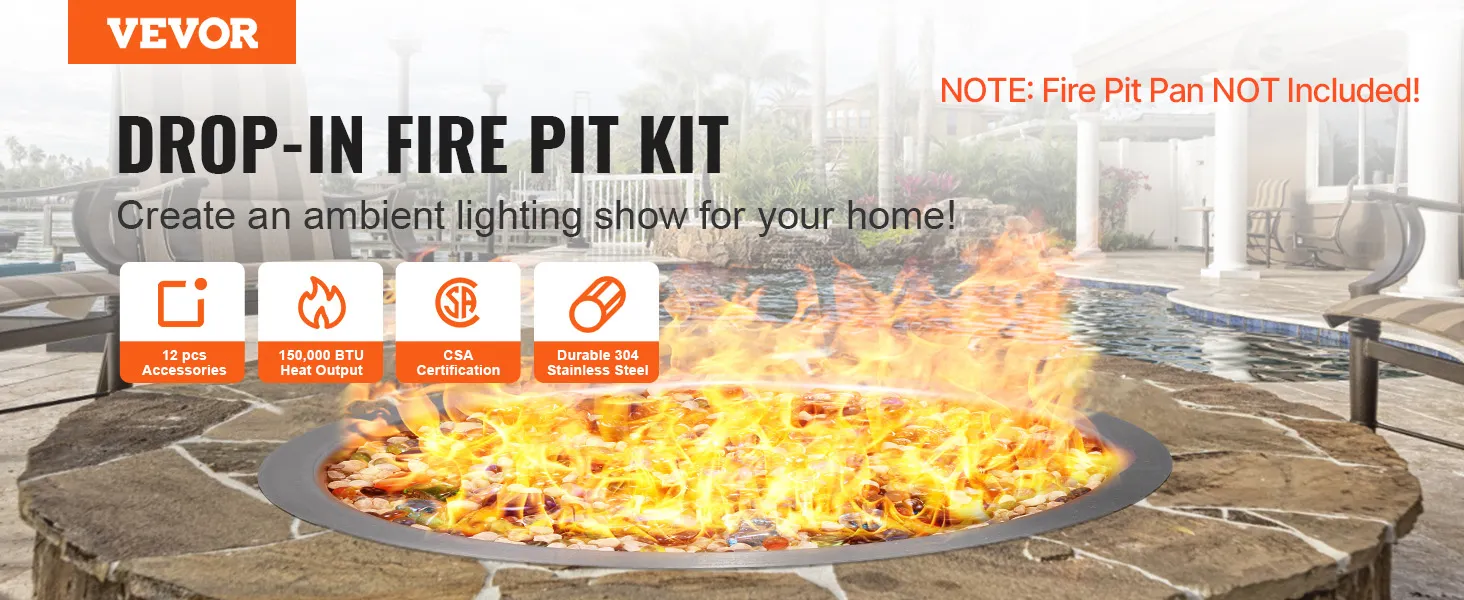 VEVOR fire pit pan with ambient lighting, 150,000 btu, and durable 304 stainless steel in a patio setting.