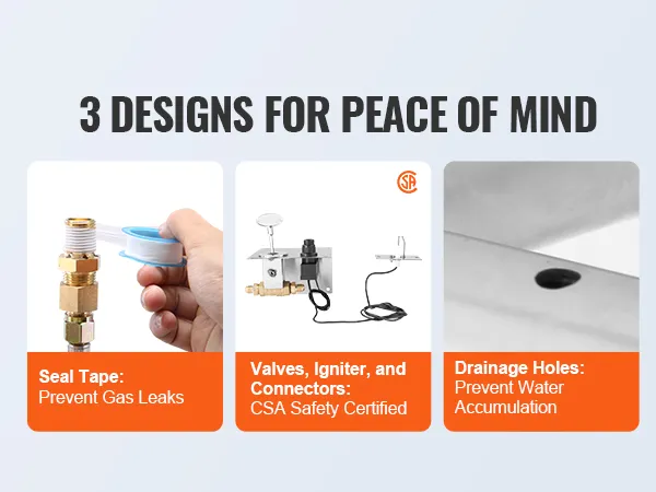seal tape, valves, igniter, connectors, and drainage holes for VEVOR fire pit pan safety features.
