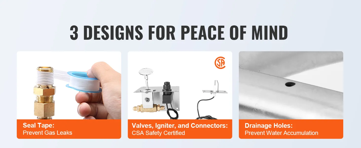 seal tape, valves, igniter, connectors, and drainage holes for VEVOR fire pit pan safety features.