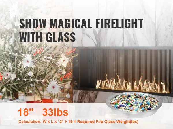 VEVOR fire pit pan with colorful glass beads, in front of a modern fireplace and christmas decor.