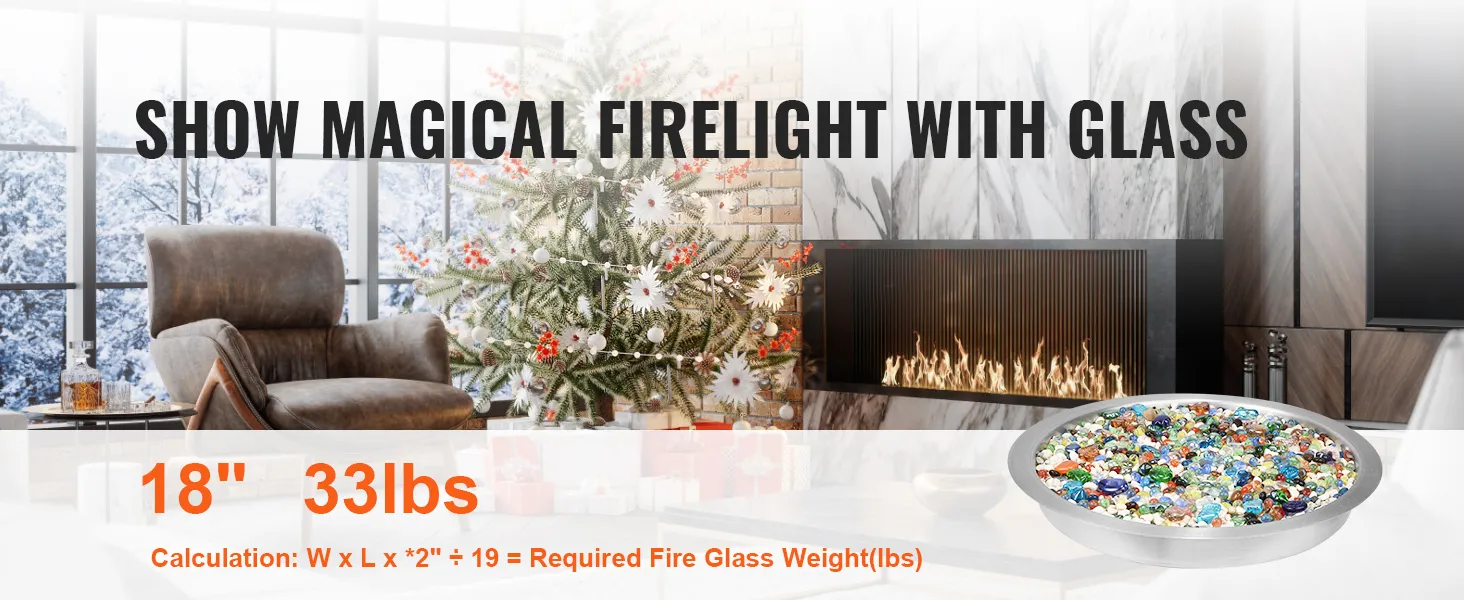 VEVOR fire pit pan with colorful glass beads, in front of a modern fireplace and christmas decor.