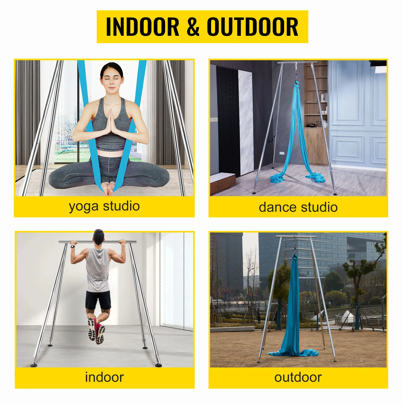 Configuración de eslinga de inversión de yoga VEVOR en estudios de yoga, estudios de danza, entornos interiores y exteriores.