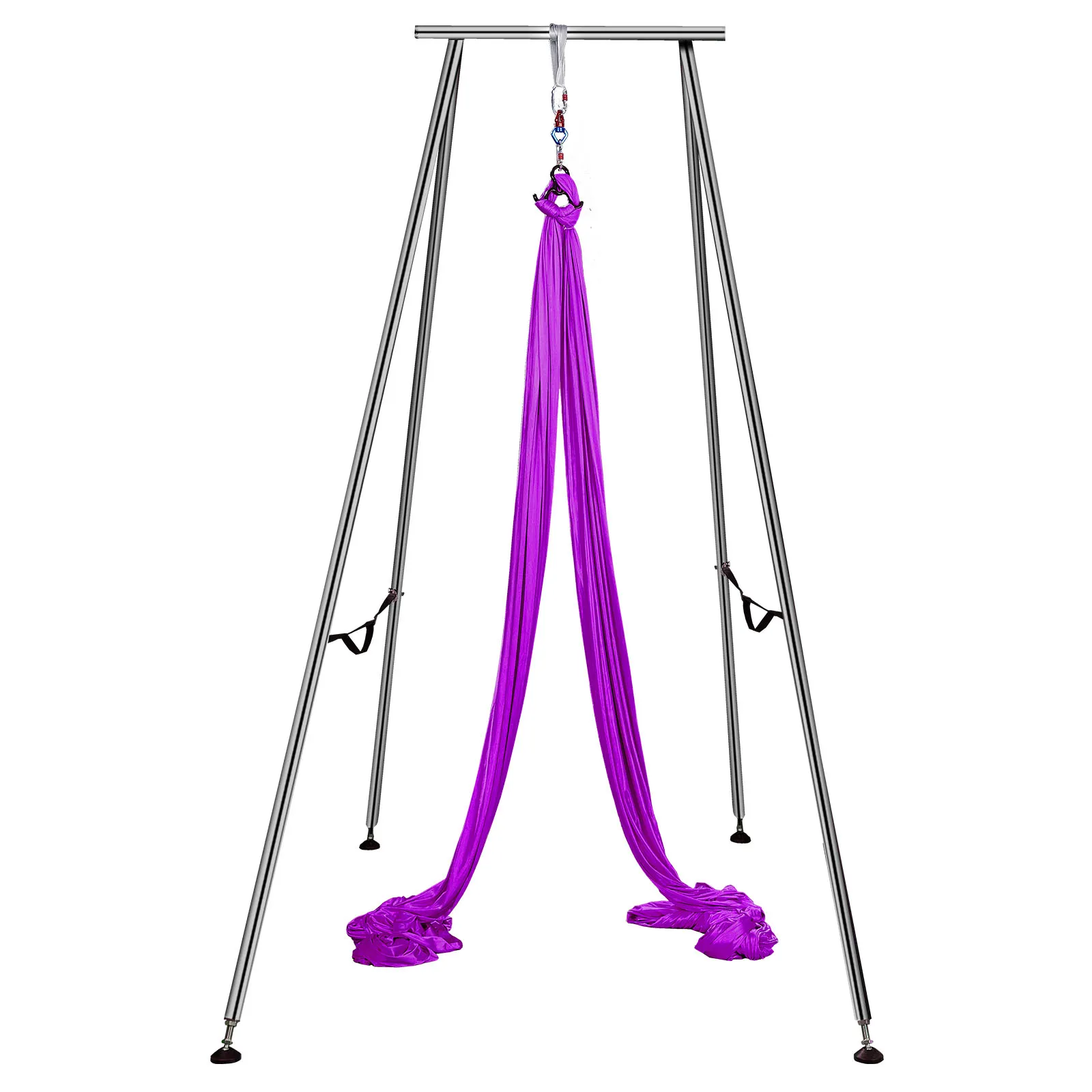 purple VEVOR yoga sling inversion hanging on a sturdy silver frame.