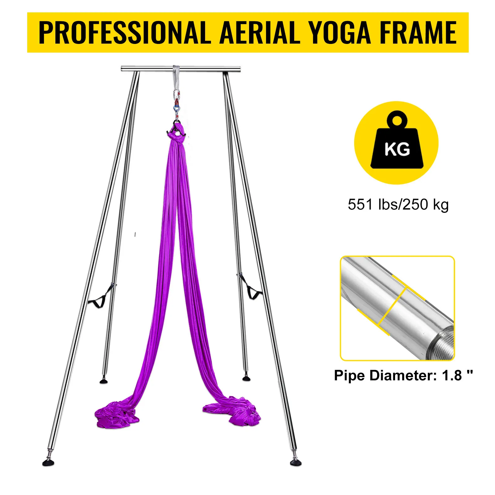 VEVOR yoga sling inversion on a robust aerial frame; 551 lbs/250 kg capacity, 1.8" diameter.