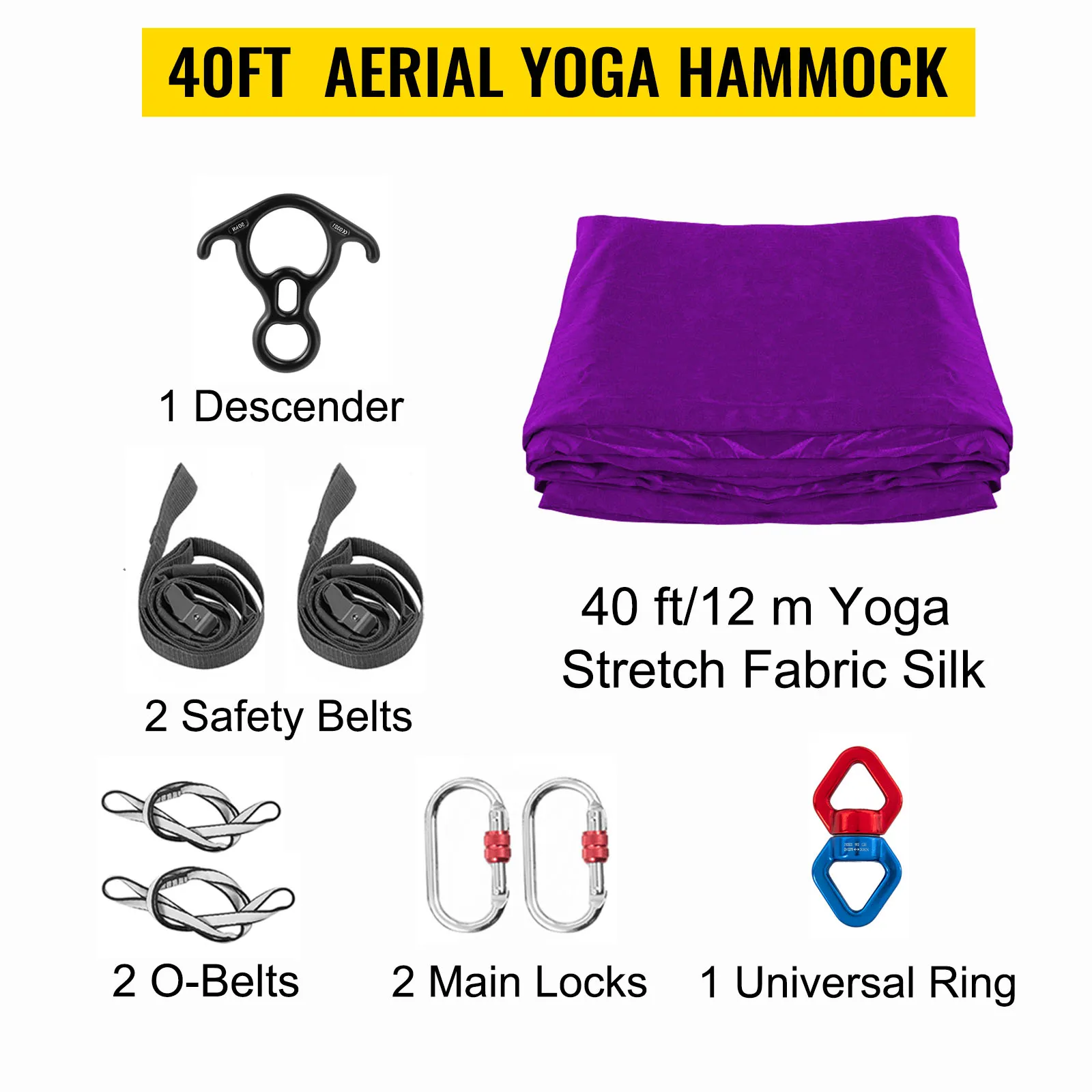 VEVOR yoga sling inversion set with silk hammock, safety belts, and accessories.