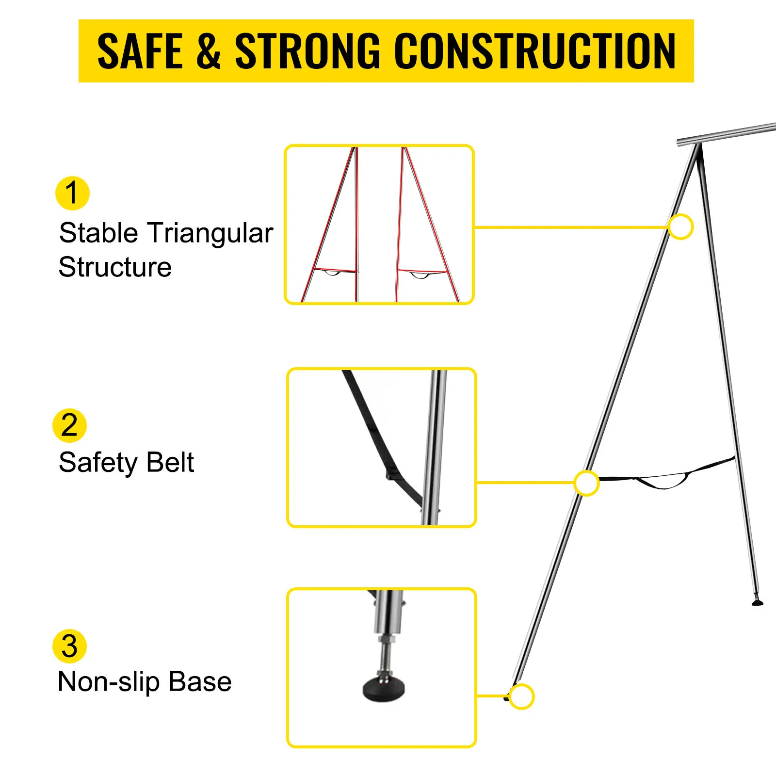 VEVOR aerial yoga frame: stable triangular structure, safety belt, non-slip base.