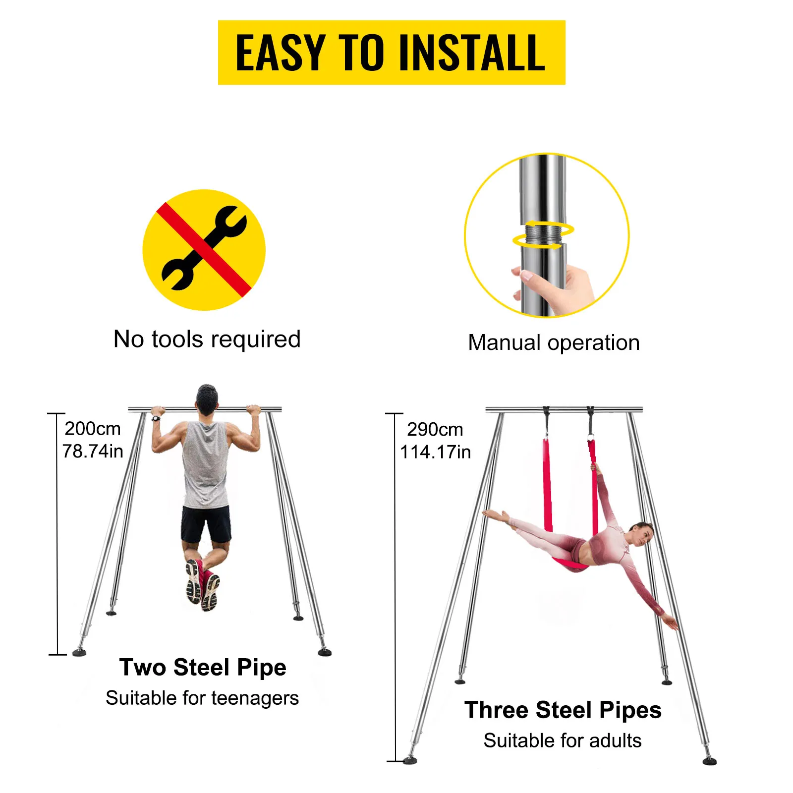 VEVOR aerial yoga frame, easy to install, no tools required, suitable for teens and adults.
