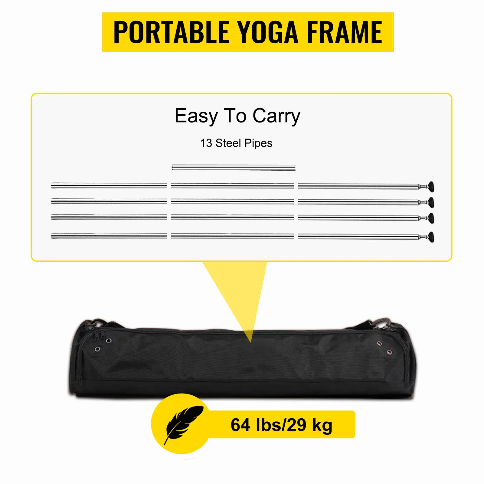 VEVOR aerial yoga frame, easy to carry, 64 lbs/29 kg, 13 steel pipes in black bag.