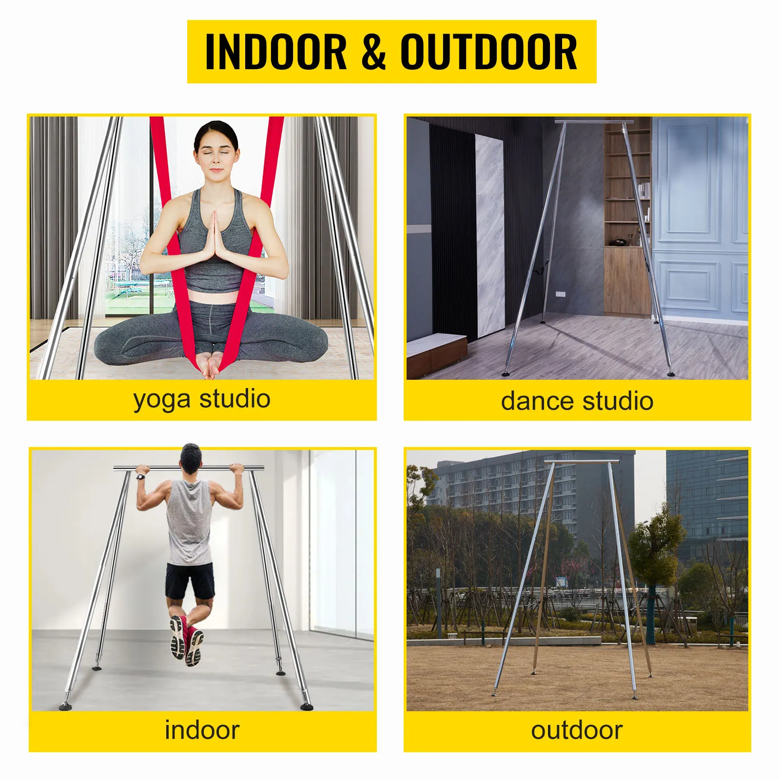 VEVOR aerial yoga frame for indoor and outdoor use in yoga and dance studios.