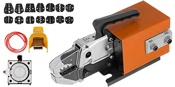 Herramienta de crimpado neumática VEVOR con múltiples matrices de crimpado, tubo rojo y conectores.