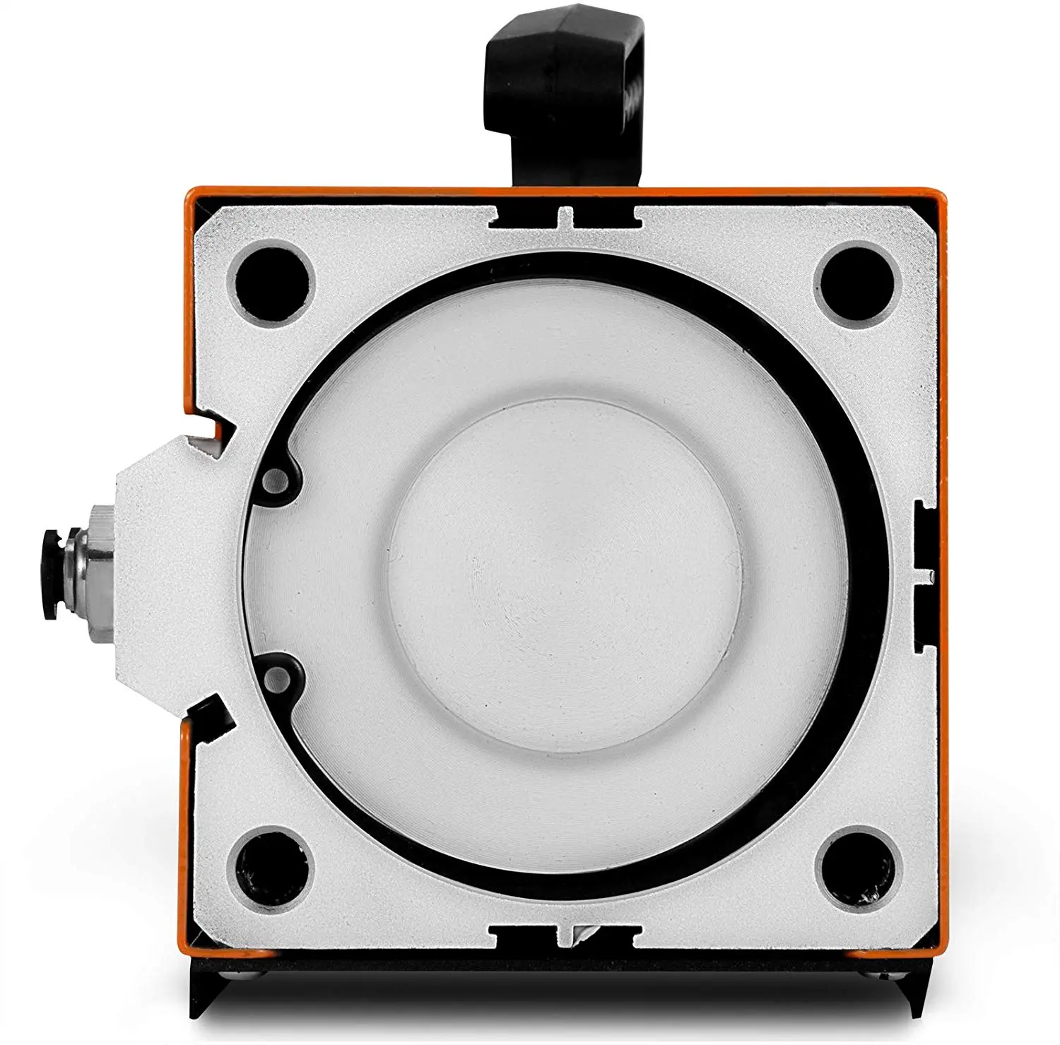 Vista frontal de la herramienta de crimpado neumática VEVOR con componentes naranjas y plateados.
