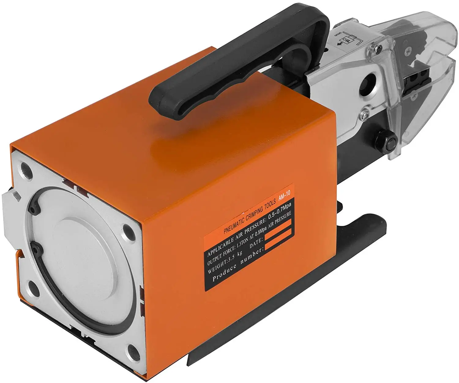 Herramienta de crimpado neumática VEVOR naranja y negra con mango y etiqueta de presión.