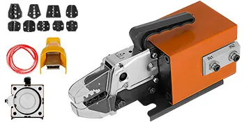 VEVOR pneumatic crimping tool with multiple die sets, cable, and accessories against a white background.