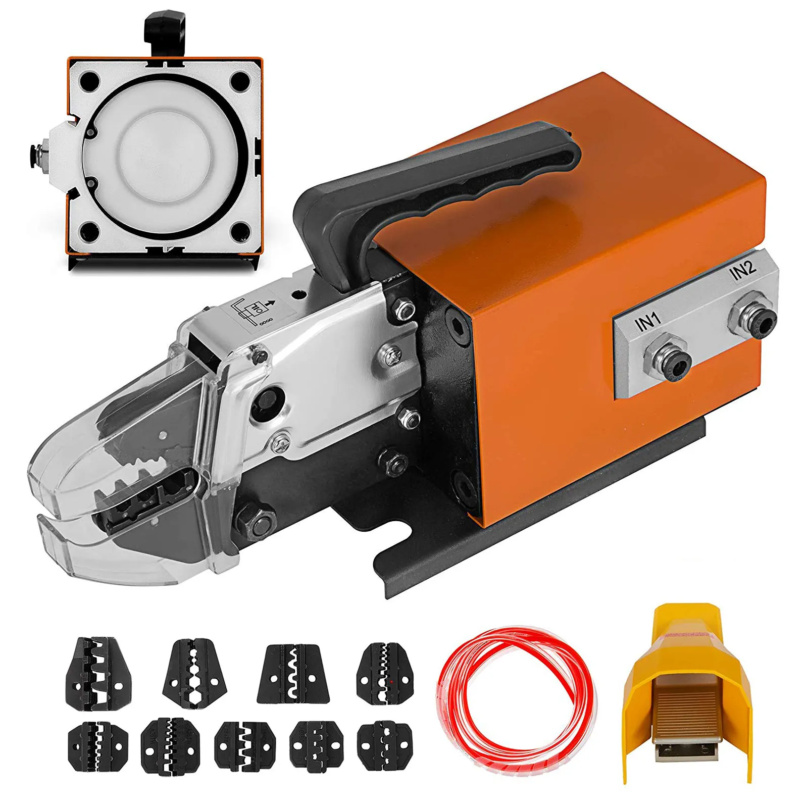 VEVOR pneumatic crimping tool with various crimping dies, cables, and connectors included in the set.