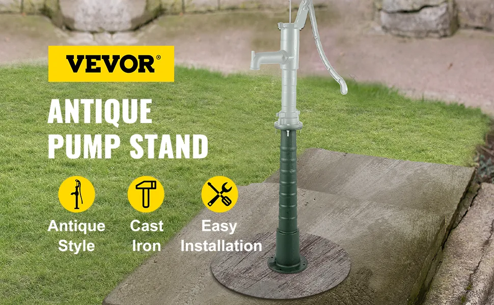 Bomba de agua manual antigua VEVOR en un jardín con íconos de estilo, material e instalación.