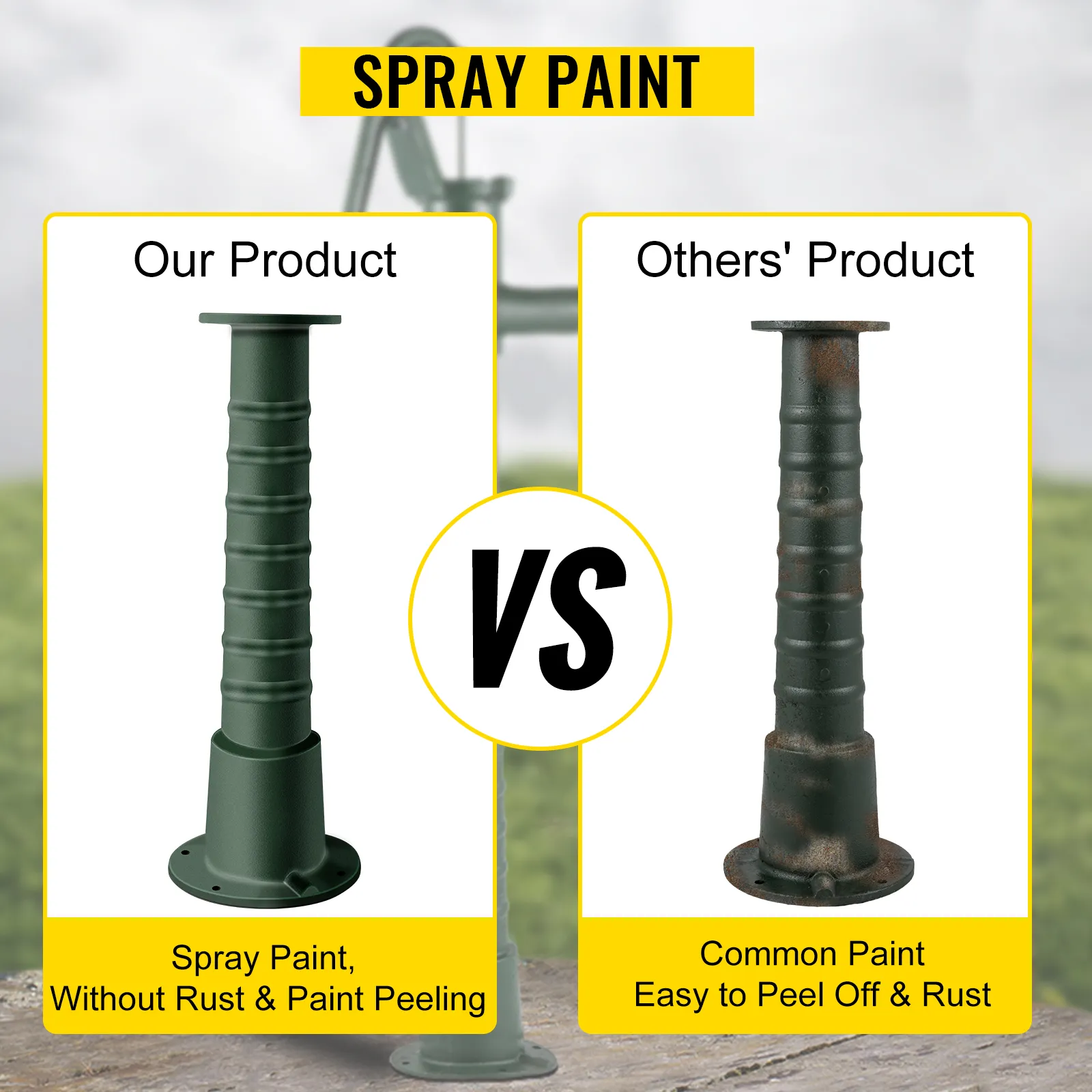 Comparación de la bomba de agua manual antigua VEVOR con pintura en aerosol libre de óxido versus pintura común oxidada.